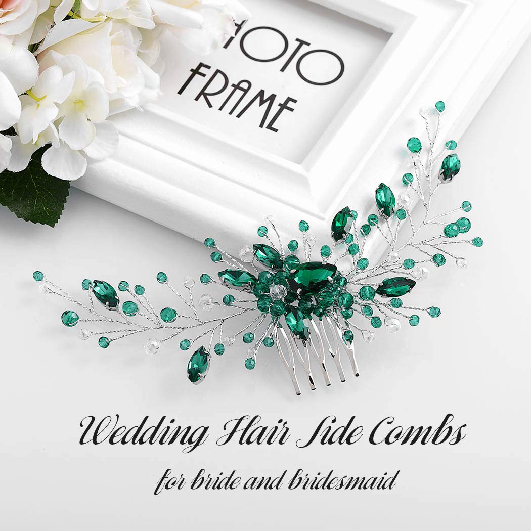 IYOU Diadema de princesa con cristales verdes, peineta para novia, accesorios para el pelo para bodas, para mujeres y niñas (plateado)