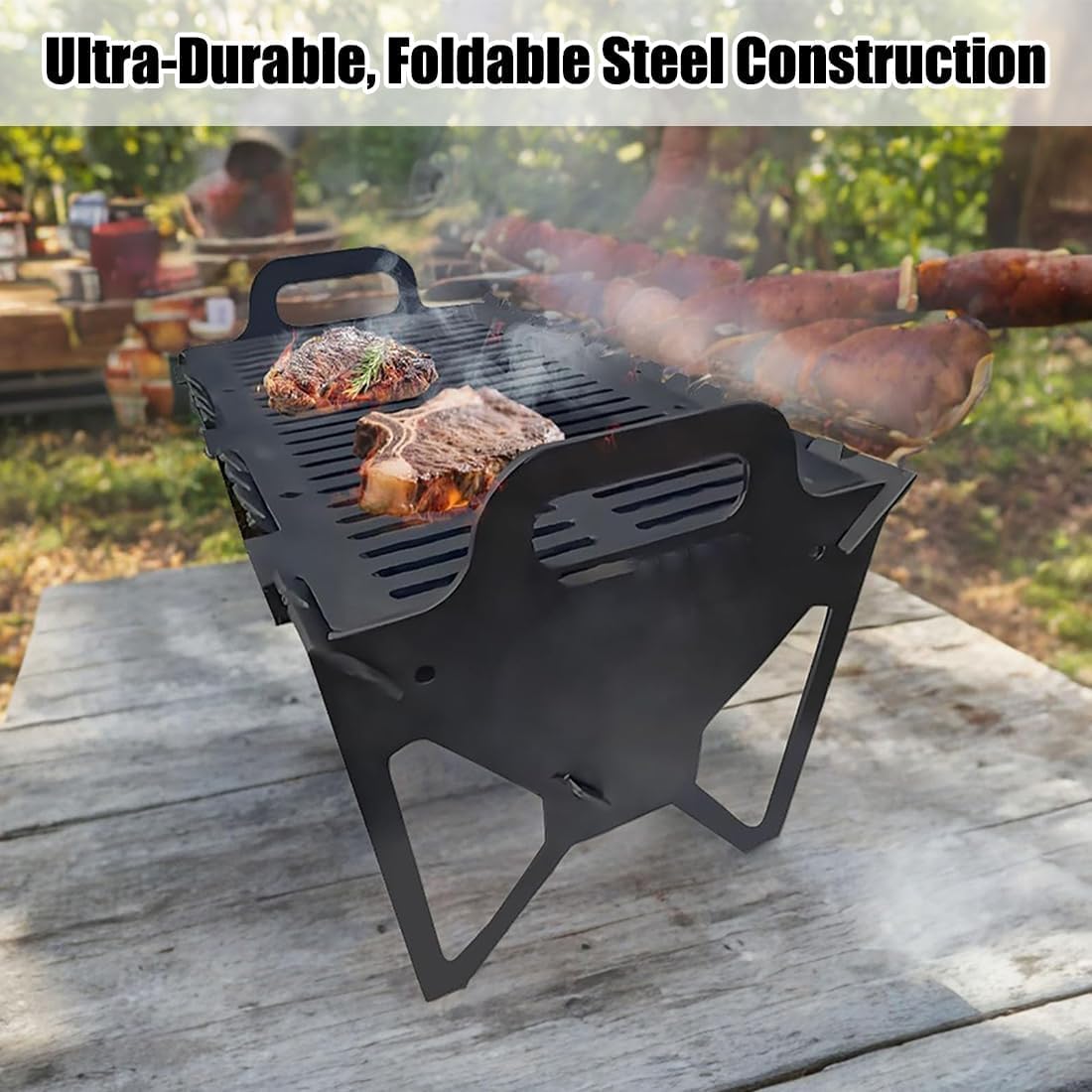 Grill De Table Pliant En Acier - Surface De Cuisson 40x24 Cm - Pour Camping, Barbecue