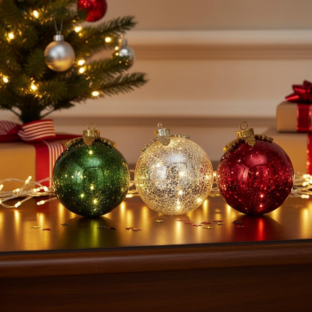 Sfera a LED con illuminazione automatica, con timer di 6 ore, decorazione da tavolo, decorazione per feste, ornamento natalizio da scrivania