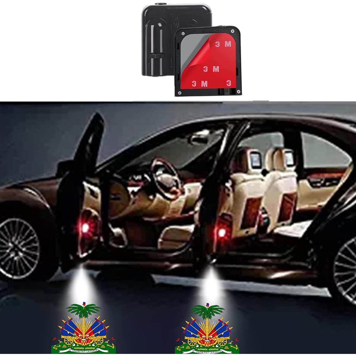 Hangoo Haiti Flag Car Door Projector Logo Light, Universal Courtesy LED Ghost Shadow Lights Welcome Lamp Suitable Haiti Car Accessories fit All Models
