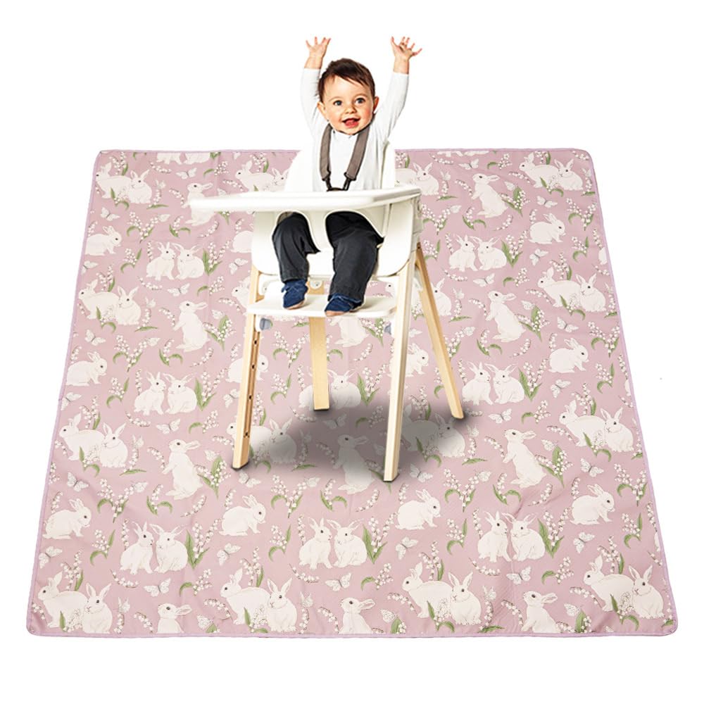 Treer Splash Mat for Under Highchair, 43" Baby Splat Mat Waterproof Anti Slip High Chair Spill Mat, Creative Easy Clean Washable Weaning Mess Play Mat Tablecloth Picnic Mat (Pink Bunny)