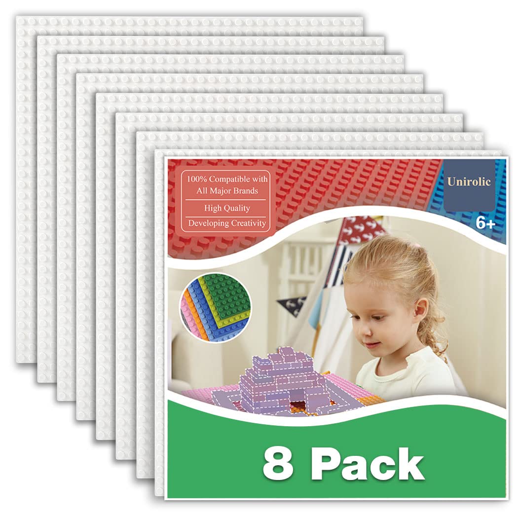 8 Pack Classic Baseplates 10" x 10" Sturdiness Building Platforms -100% Compatible with All Major Brands Building Bricks, Suitable for Kids and Adults as a Gift -White