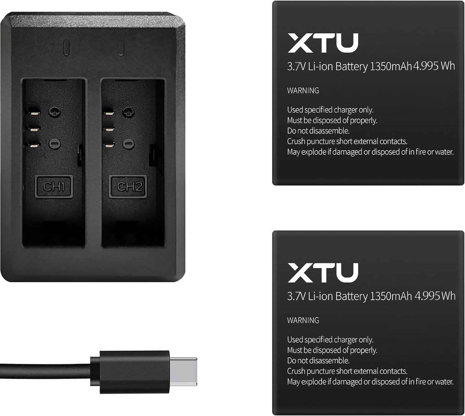 XTU Rechargeable Battery for Action Camera-1350mAh, Action Cam Battery Charging Set