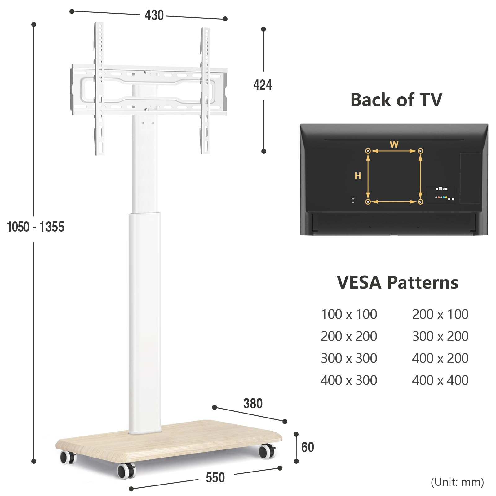 TVON Support TV sur Pied roulettes Pied TV Universel Blanc et Bois pour Télé de 32 à 65 Pouces, Réglable en Hauteur Support TV Orientable TV sur Pied Jusqu 'à 40 kg, Max VESA 400x400mm