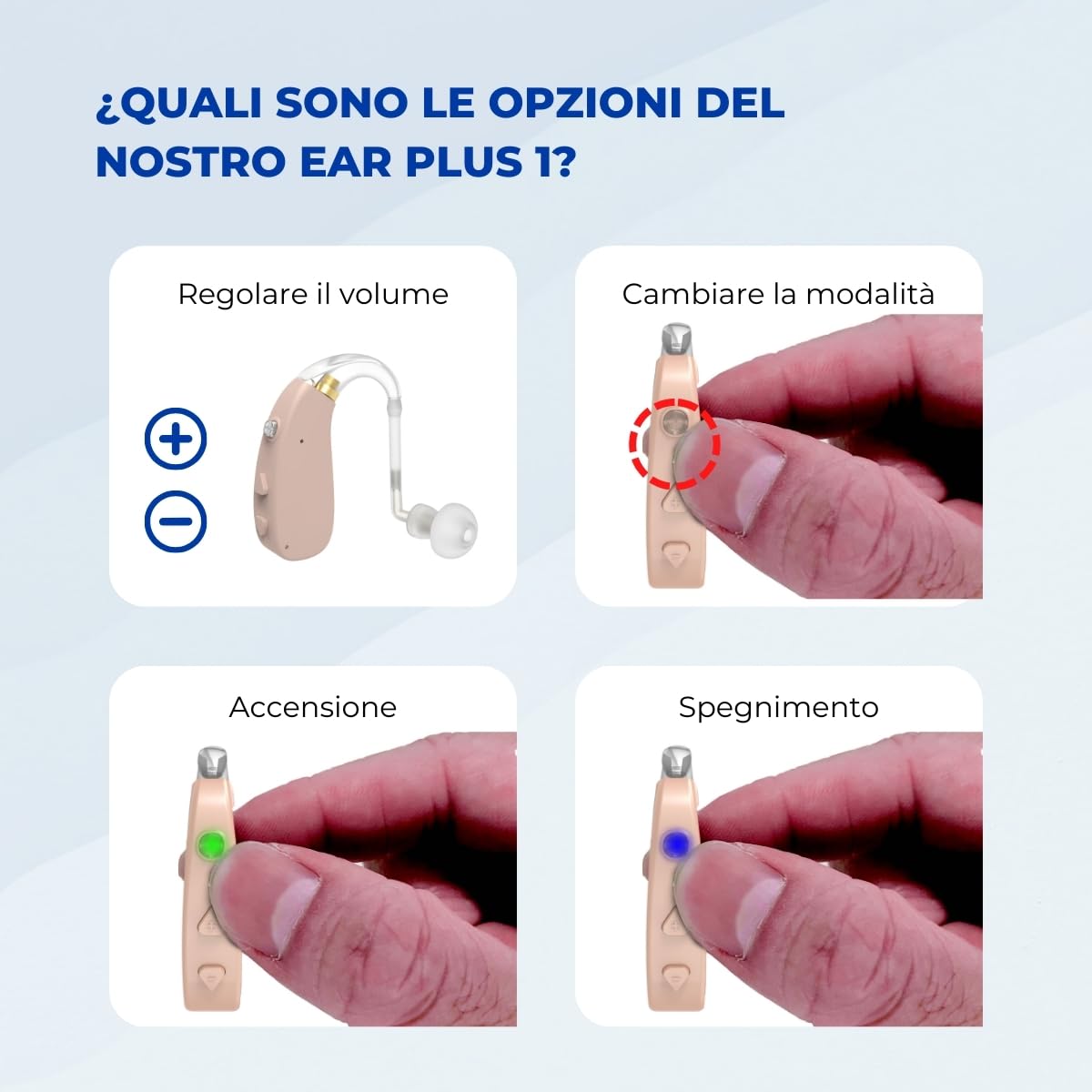 Mobiclinic®, Amplificatore acustico, Ear plus 1, Ricaricabile, 5 livelli di volume, Per entrambe le orecchie, 3 modalità riduzione, Leggero e portatile, Include tappi ricariche
