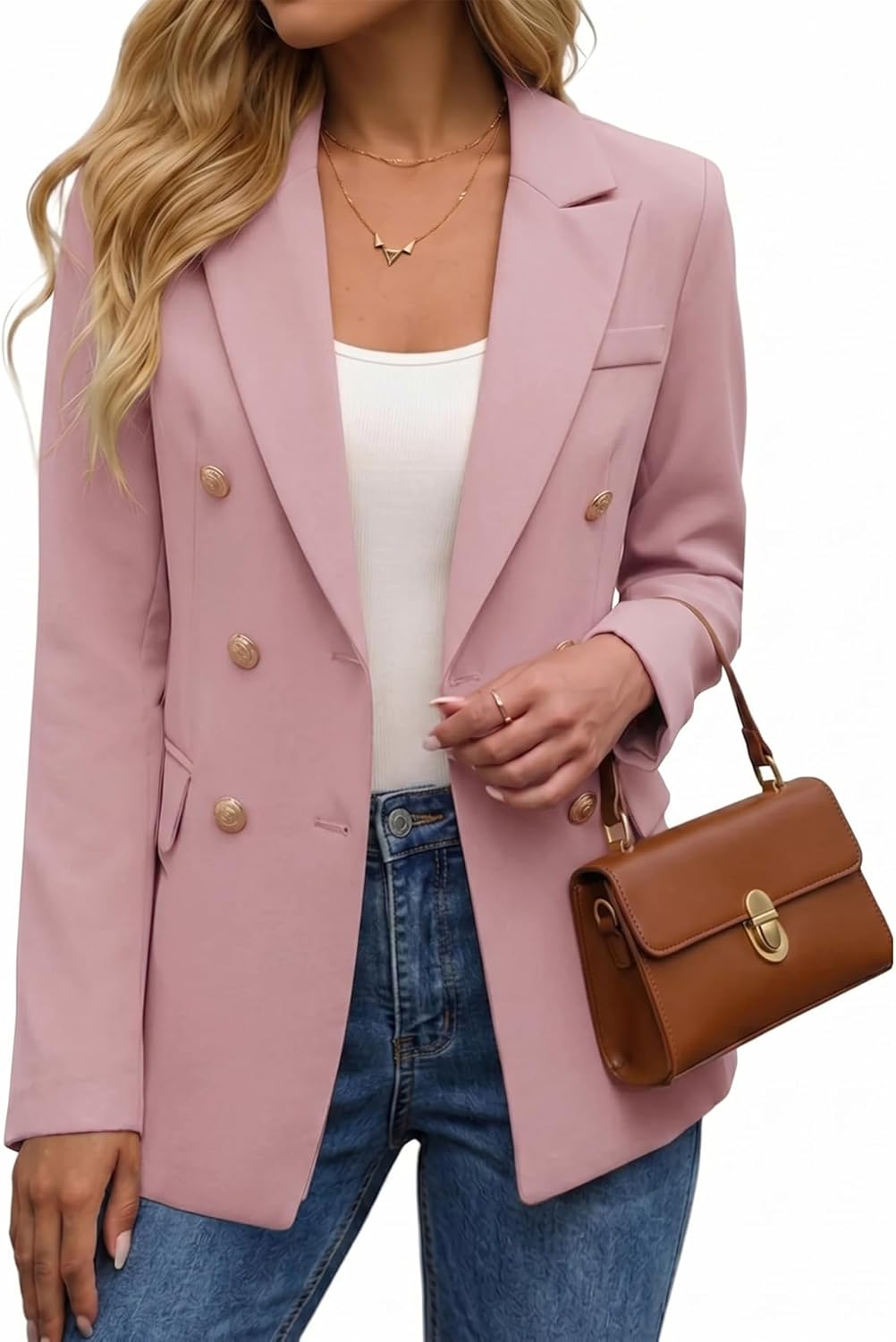 Mina Self 2026 Spring Women's Double Breasted Blazer - Open Front Full Lined Loose Work Office Jackets with Pockets