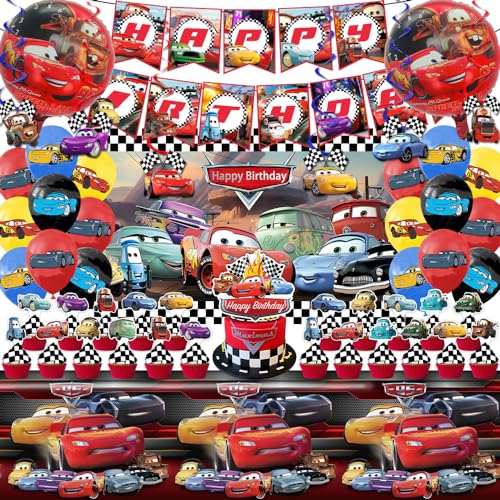 Cars Birthday Party Supplies, Party Decorations Set Include Banner, Backdrop, Balloons, Hanging Swirls, Cake Cupcake Toppers, Tablecloth for Boys Girls Cars Theme Party