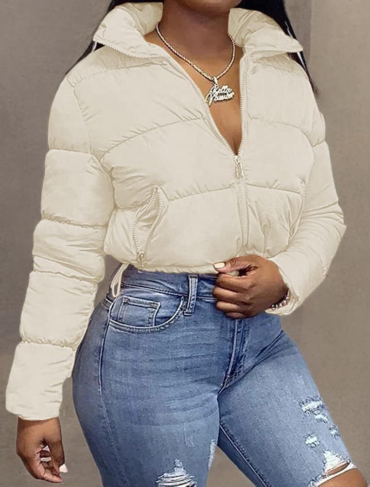 Ebifin Womens Cropped Lightweight Quilted Jackets Full Zipper Warm Coats Winter Stand Collar Drawstring Outerwears - Image 4