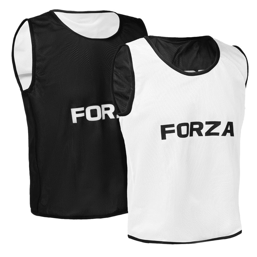 FORZA Premium Reversible Training Bibs (Pack of 5) – Lightweight Polyester Sports Vests - Kids and Adult Sizes (Black & White, Junior)