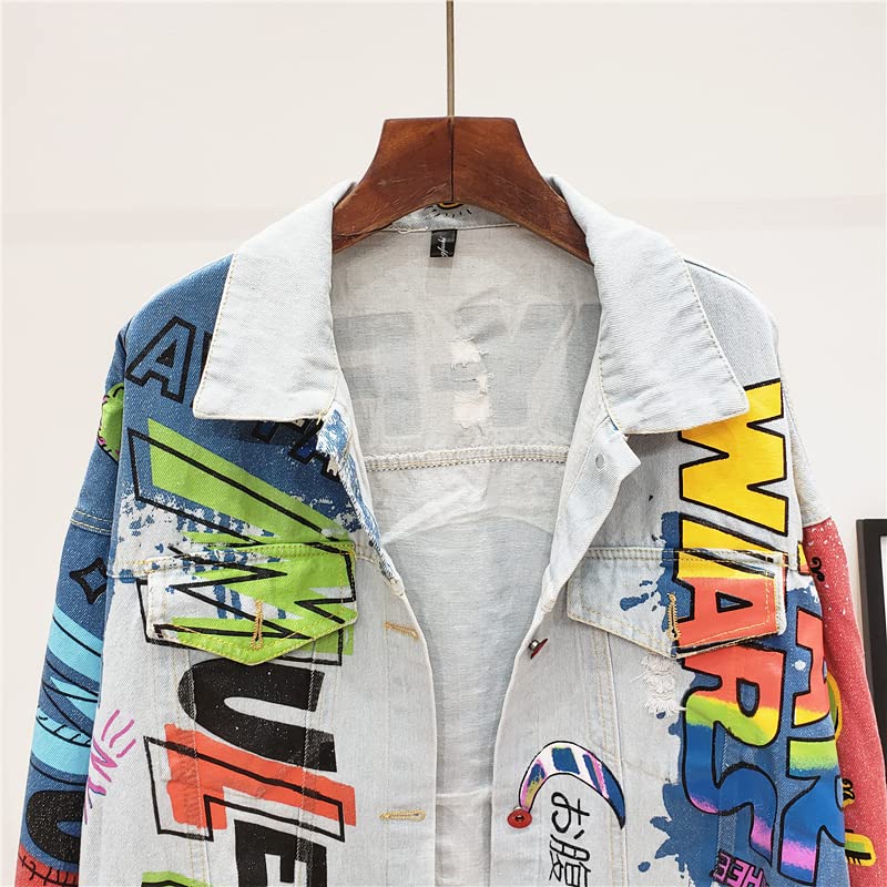 Punk Style Graffiti Letters Printing Denim Jacket Women Hip Hop Jean Coats,One Size3