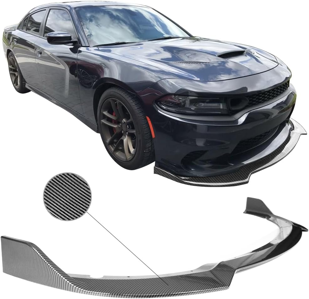 IKON MOTORSPORTS, Front Bumper Lip Compatible with 2015-2023 Dodge Charger SRT, V1 Style Carbon Fiber Print ABS Front Air Dam Chin Splitter Lower Protector 3PCS, 2016 2017 2018 2019