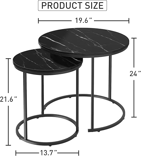 Miniatura 3 de Mesa de Centro Anidable de Mármol Negro para Espacios Pequeños 24 pulgadas 2 Juegos Mesa Lateral Alta de Extremo para Sofá Mesita de Noche Muebles