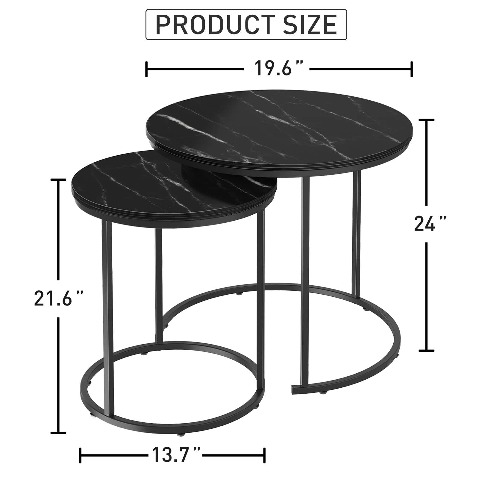 Black Marble Nesting Coffee Table for Small Place 24 in 2 Sets High ...