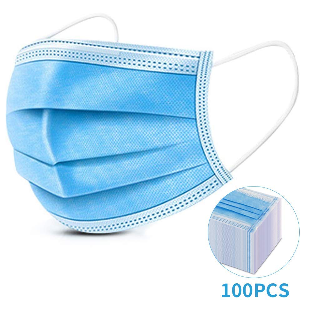 Anush Lot de 100 masques de protection jetables et souples à 3 couches anti-poussière avec boucles d'oreilles Bleu 100 pièces