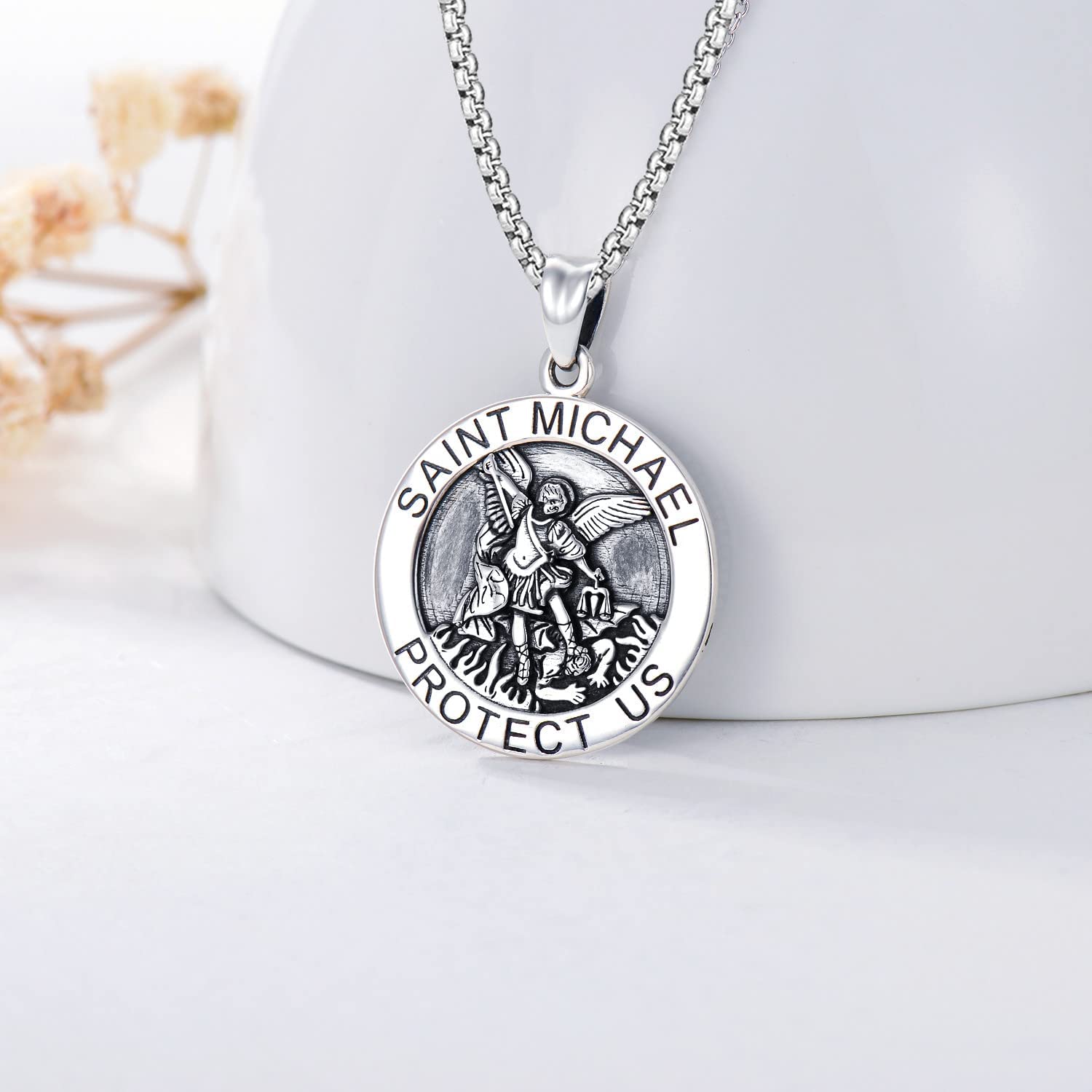 Collana in argento Sterling 925 con ciondolo di San Michele, per uomo e donna, con ciondolo di San Michele, amuleto, idea regalo, 23mm x 23mm, Argento sterling, Non pietra preziosa
