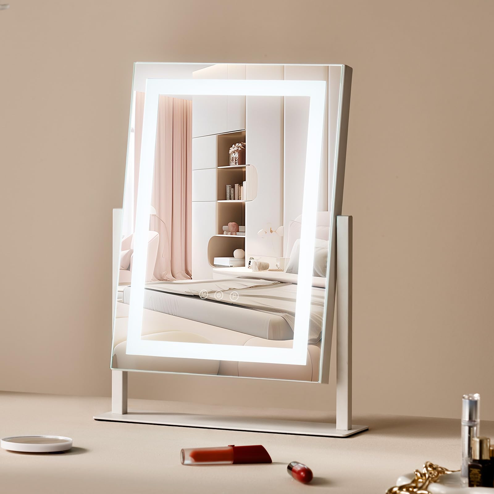 VEVOR Espejo de Maquillaje Iluminado con Tres Modos de Iluminación de Color, LED con Luces y Espejo de Aumento de 5X, Control Táctil Inteligente, Rotación 360°, 364 x 84 x 475 mm, Blanco, Rectangular