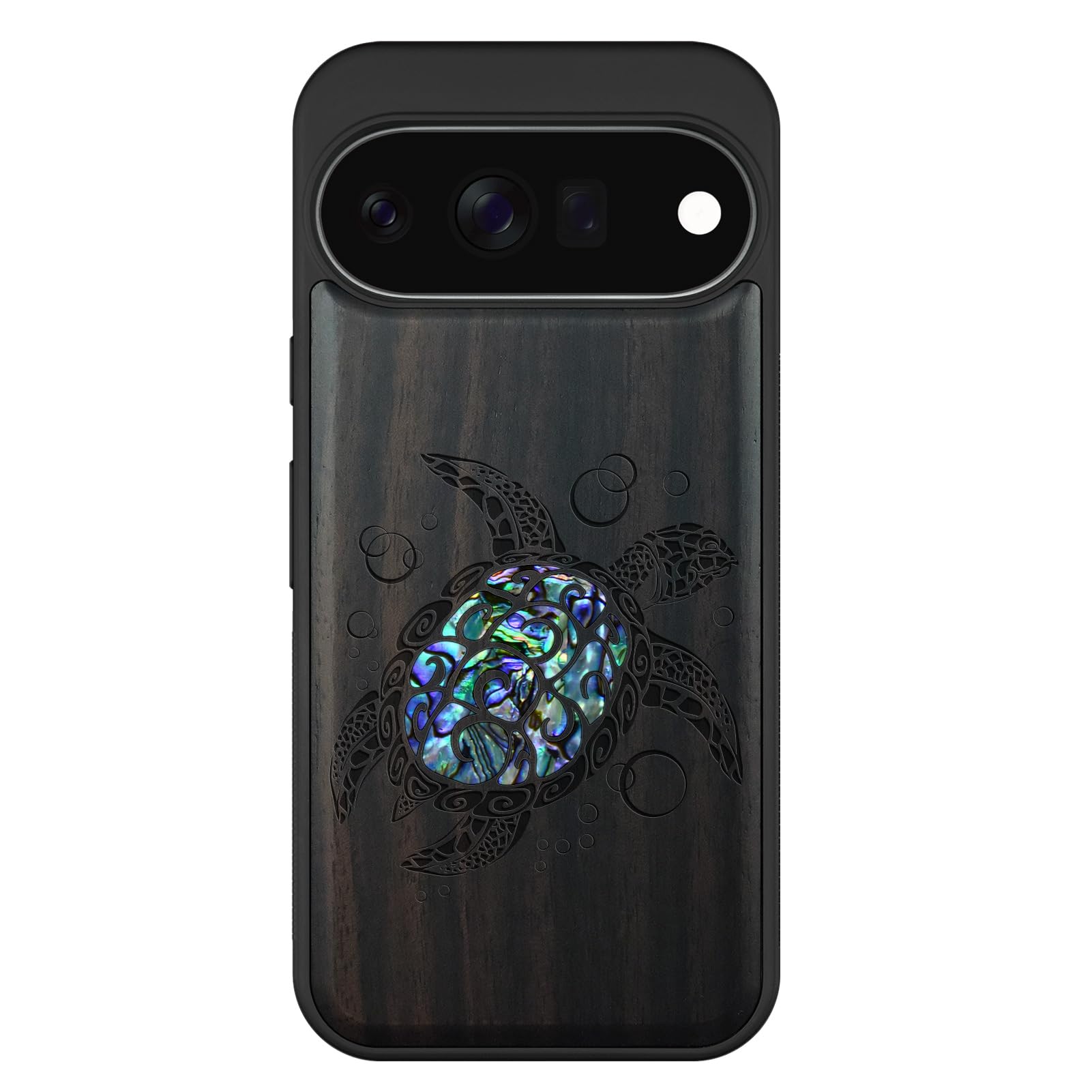 Carveit Madera Funda para Google Pixel 11 (Oscura-Tortuga Marina) | Compatible con MagSafe [Grabado en madera e incrustación de mejillones] Magnética Cover para Pixel 11 Carcasa
