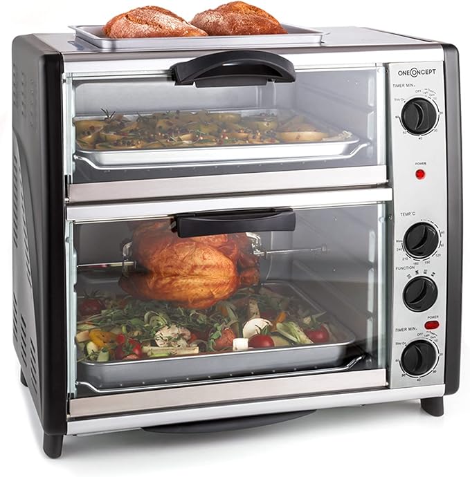 oneConcept All-You-Can-Eat Horno eléctrico doble - 2 cámaras de cocción, Parrilla superior, Capacidad Total 42 L, 2400 W, Temperatura: 60-240°C, Temporizador, Acero inoxidable, Plateado