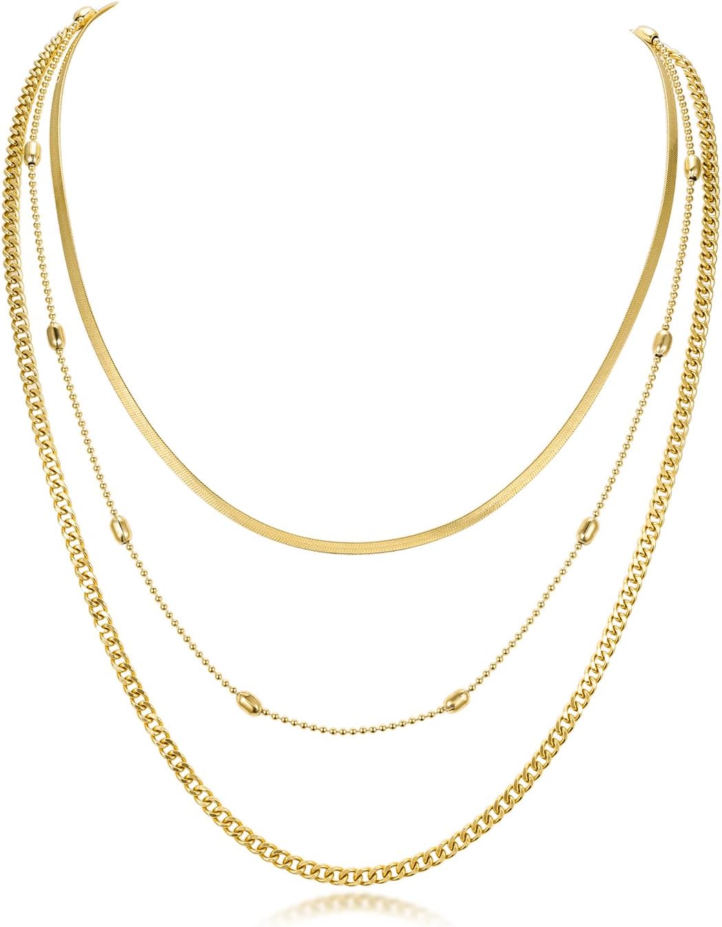 PHNIBIRD Layered Gold Necklaces for Women Trendy 18K Gold Plated Stainless Steel Waterproof Stackable Triple Chain Necklace Gold Jewelry for Daily Wear