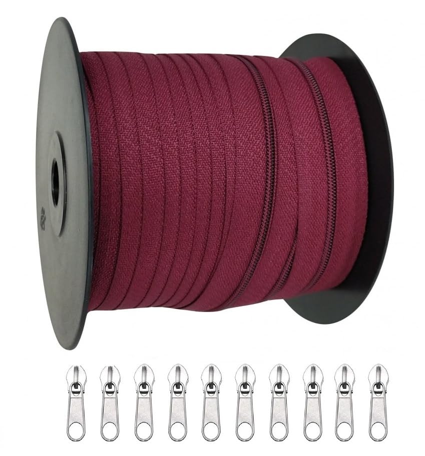 Image of Zipper Roll (Number : 5) 5 Meter with 10 Zip Puller - Two Way Open-Ended Nylon Zipper (Burgundy, 5 Meter)