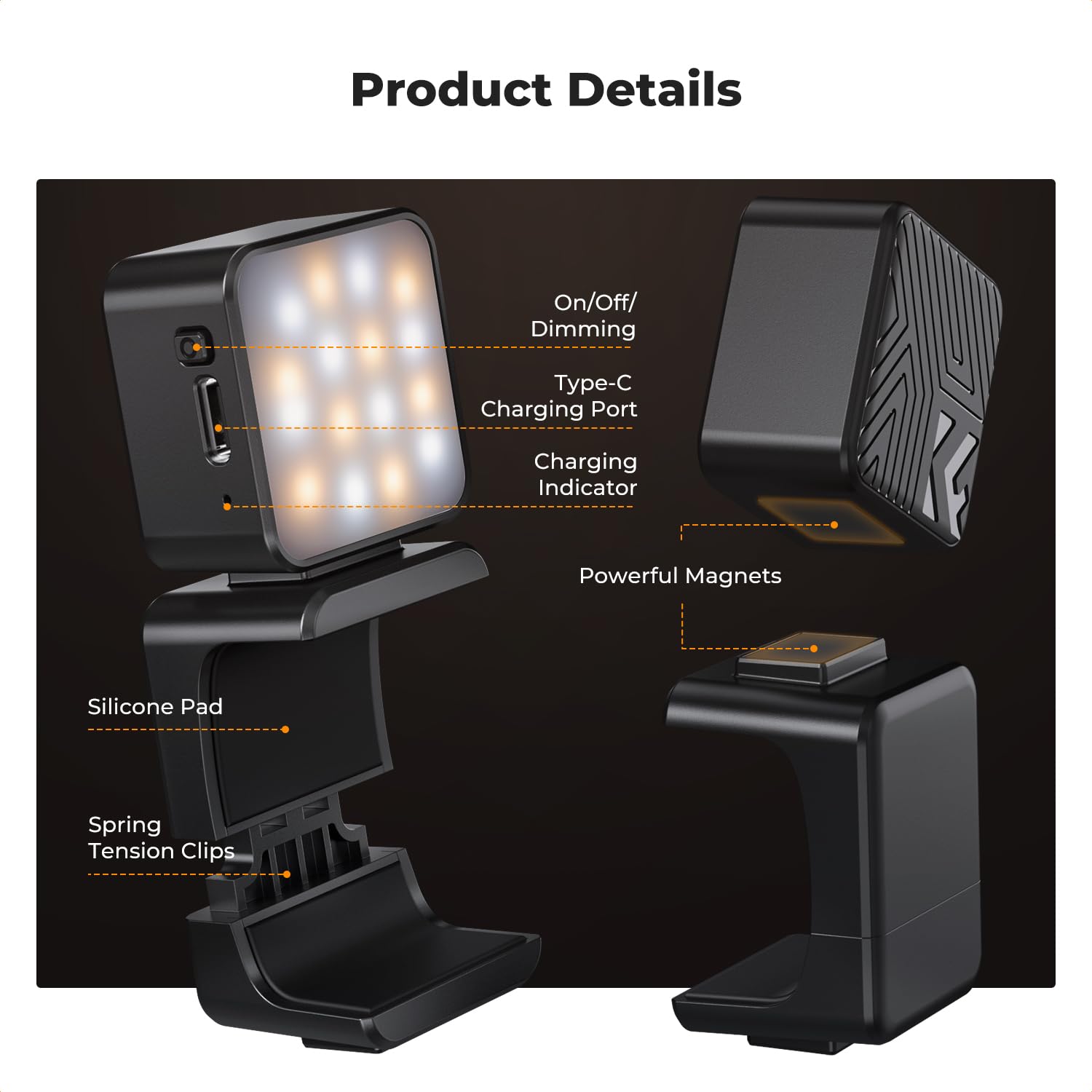 K&F CONCEPT LM61 Mini Luz Magnética para dji OSMO Pocket 4/3, LED Auxiliar 1W Recargable USB-C, Color 3000K/4500K/6000K, 2 Niveles de Brillo, Luz de Vídeo