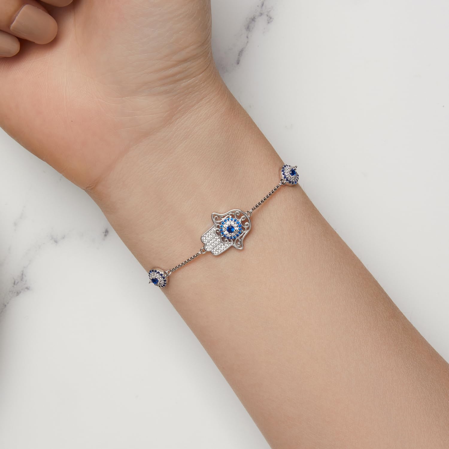 NewL Pulsera contra el mal de ojo de plata de ley con cierre para abalorios con piedras preciosas de zafiro, cierre de clip de ojo turco, Plata de ley