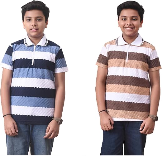 KAYU Pack of 2 Boys Polo Collar T-Shirt with Zip Neck and Half Sleeves, Soft and Comfortable Casual Wear, Stylish Kids T-S...
