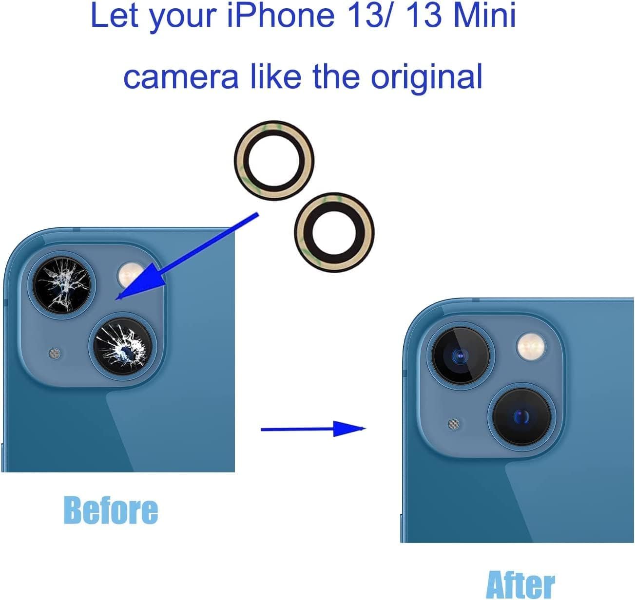 Lentille de Rechange pour Appareil Photo arrière pour iPhone 13/iPhone 13 Mini, Anti-Rayures et étanche, Coque arrière en Verre de Rechange avec et kit d'outils de réparation