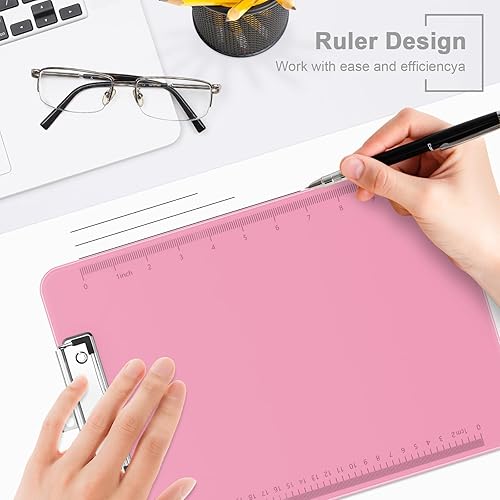 Miniatura 5 de Portapapeles de plástico, tablero de clip translúcido con perfil bajo, portapapeles morado con regla, portapapeles de oficina, suministros