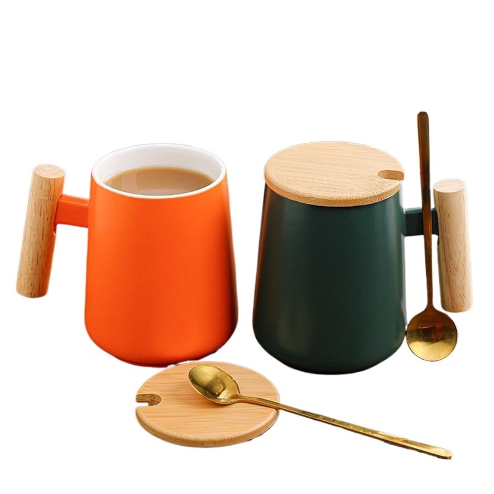 Taza de café de cerámica Vintage de 480ml con tapa, mango de madera, taza de agua Retro for oficina y hogar, 2 uds. Para Boda(Orange Green)