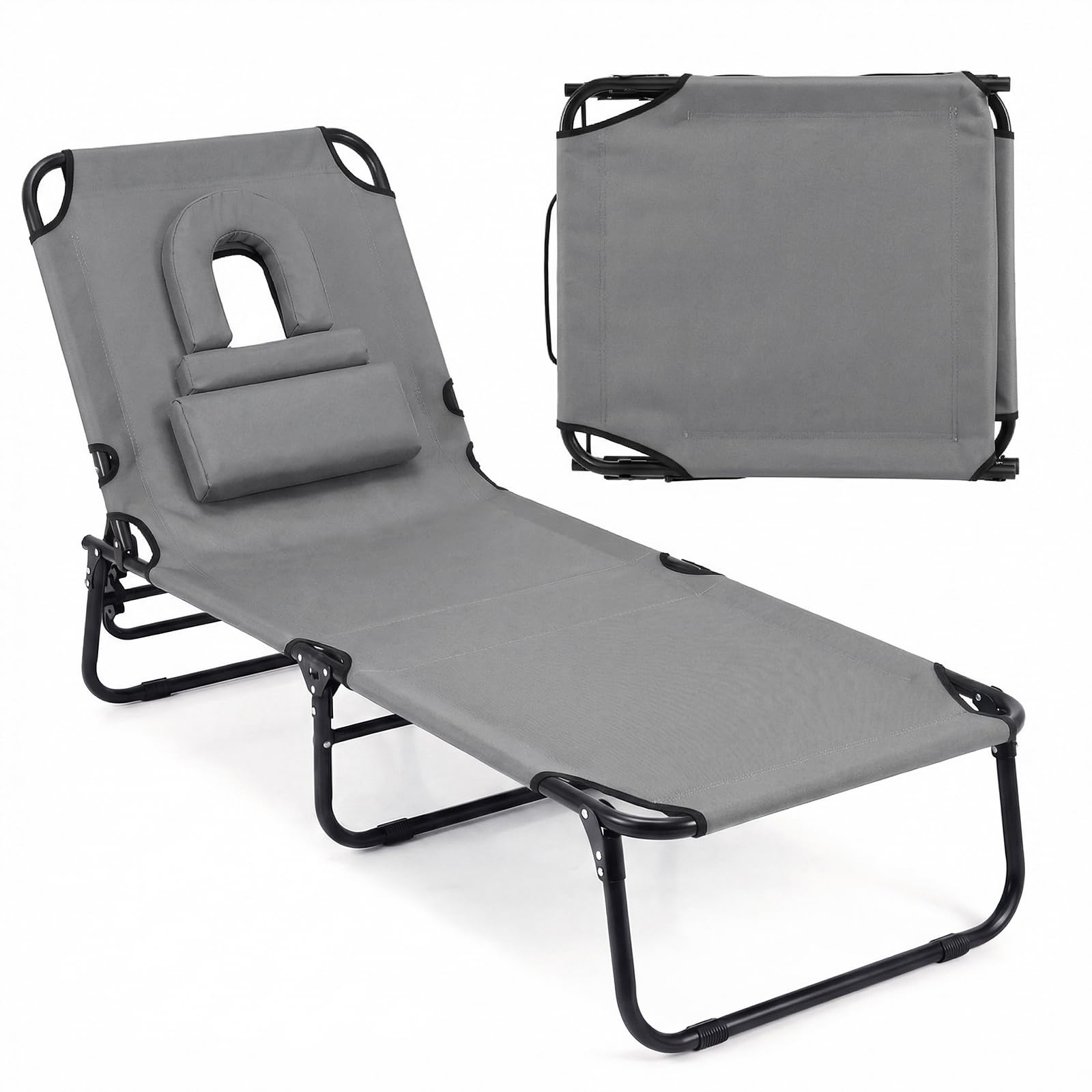 COSTWAY Folding Sun Lounger, 4-Position Adjustable Garden Chaise Lounge Chair Sunbed with Face Hole & Removable Pillows, Portable Outdoor Face Down Sunbathing Tanning Recliner for Patio Beach (Grey)