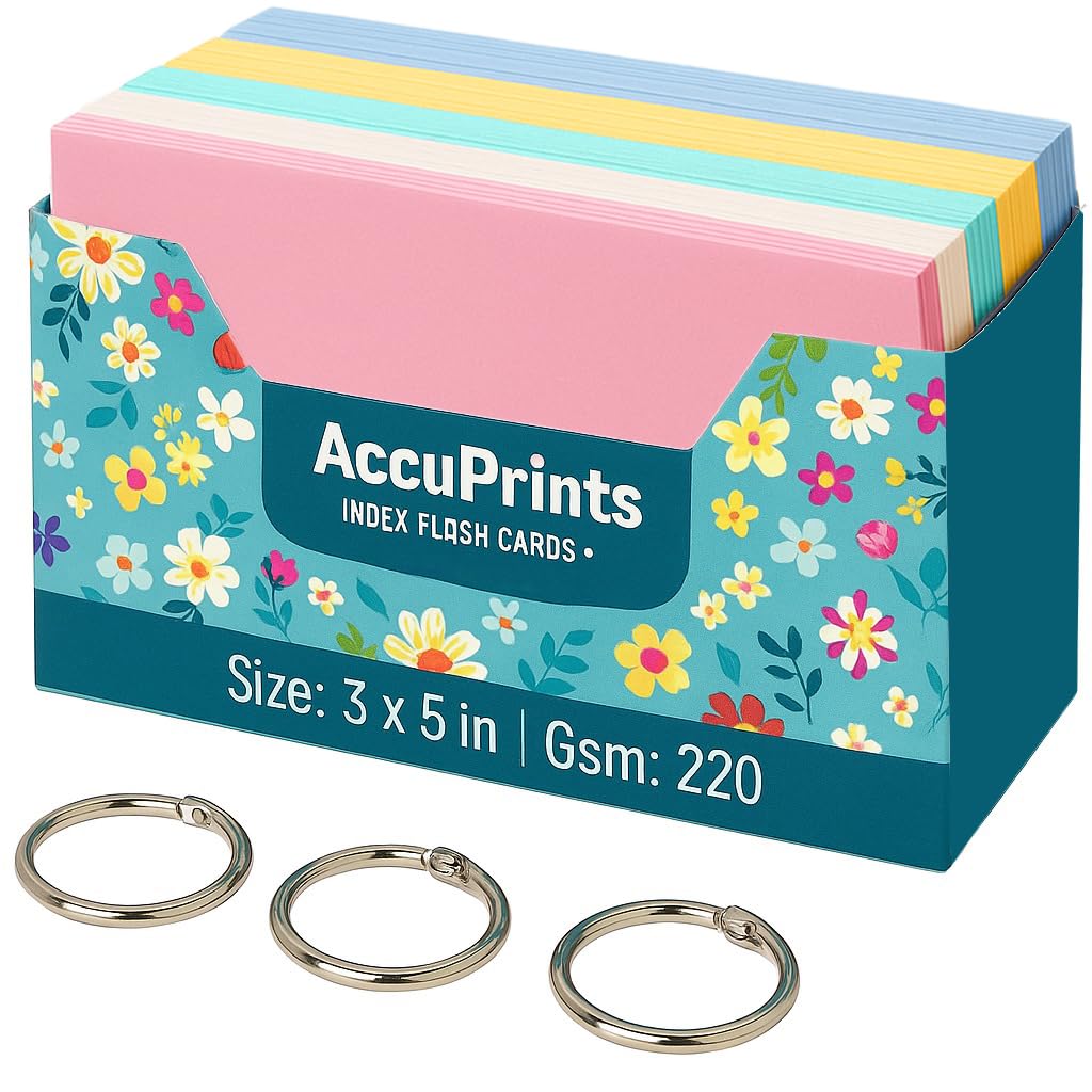 AccuPrints 200 Coloured Index Flash Cards Tray - 5 Colours - 3x5 inch - 200 Cards - Free Binder Rings - 200 GSM Thick (Unruled)