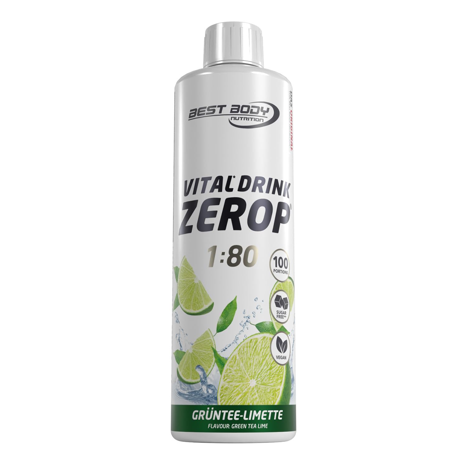 Best Body Nutrition ZEROP Vital Zuckerfreies Getränkekonzentrat Sirup Grüntee-Limette Ohne Aspartam 500 ml ergibt 40 L Getränk Fitness Drink mit Vitaminen B1 B6 Niacin Kalorienarm Wassersprudler