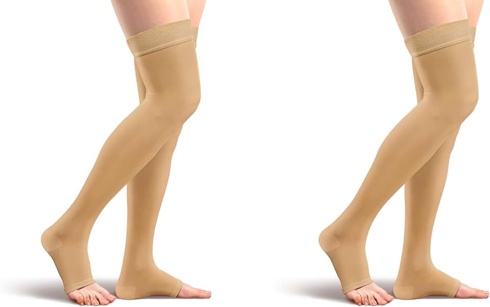 Amazon Basic Medical Compression Stockings for Circulation, Varicose Veins, Edema, Swelling, 20-30 mmHg, Women & Men Thigh Length
