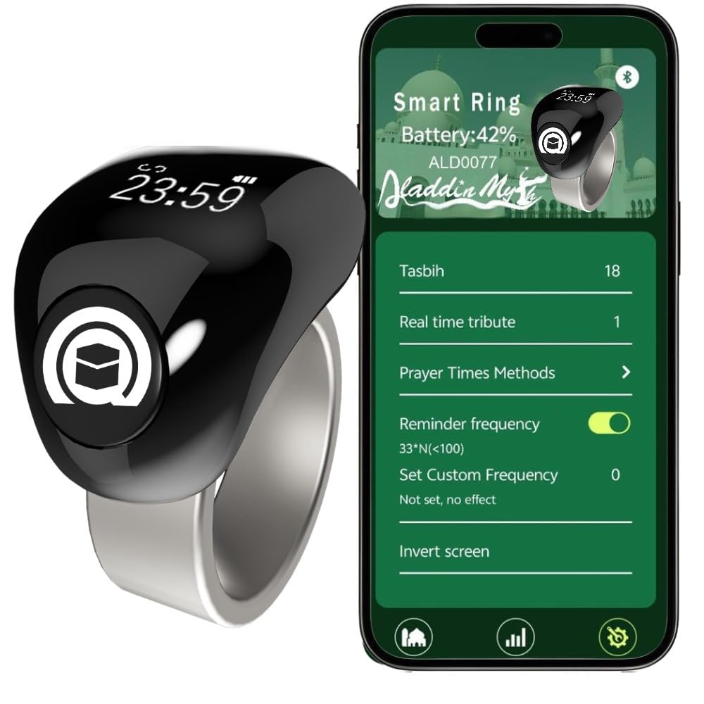 Noor Qibla Fashion Tasbih Smart Ring, Tasbeeh Counters, Prayer Direction Indicator Guide,5 Azan Alarm Clock,Forgiveness,Electronic Rosary,Eid al-Fitr Eid al-Adha Ramadan men women Gift TiColor 20-22mm