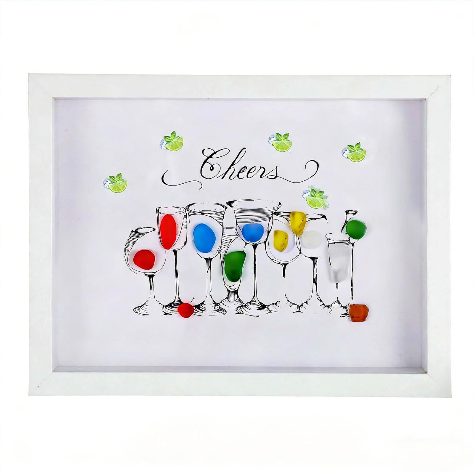 OSNIYAW Unique Handcrafted Sea Glass Cocktail Painting Frame Suitable for Birthday Party Decoration Housewarming Gift Beach Glass Drink Wall Art
