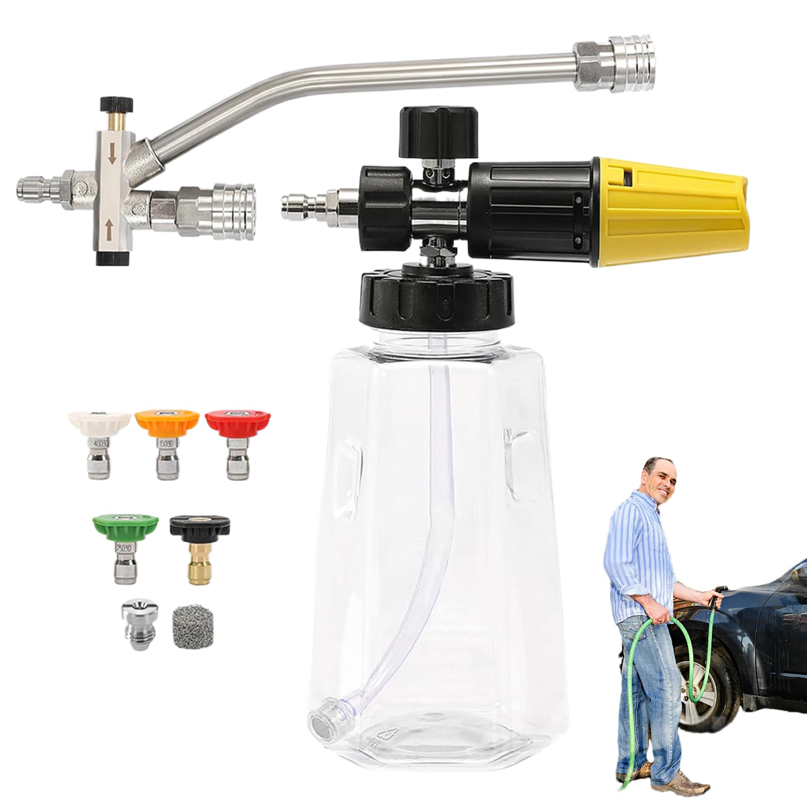 Pistola a schiuma autolavaggio – attacco idropulitrice, set di 5 ugelli | dispenser di sapone con attacco rapido e grande volume per casa, terrazza, giardino, ponte, fattoria, professionale