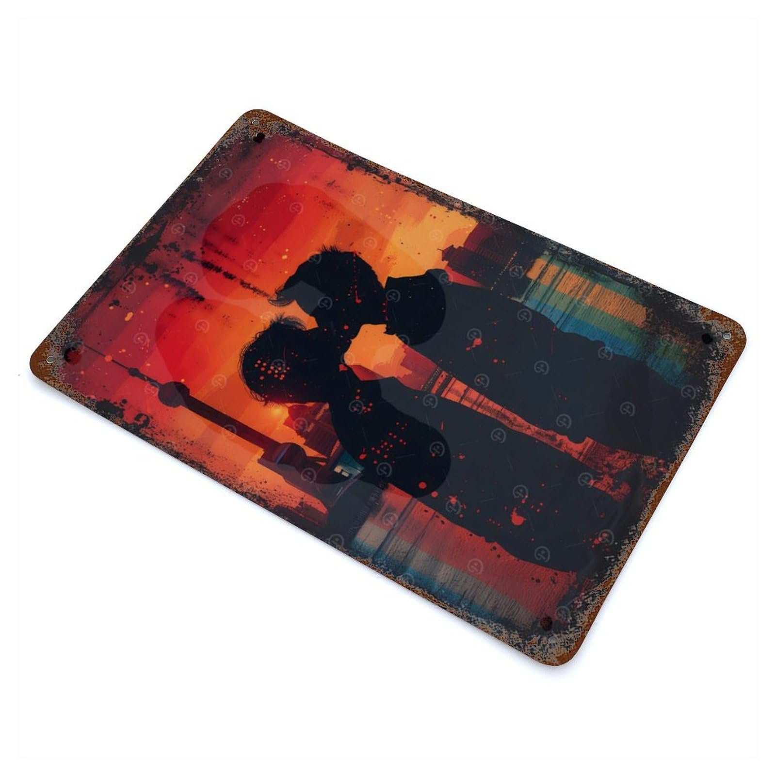 Silhouette Kiss at Sunset Weathered Tin Sign 11.8"x7.9", Rustic Home Decor for Office, Studio And Wall Decor