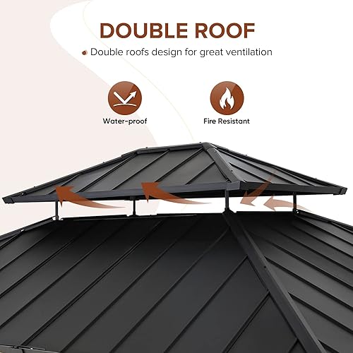 Miniatura 2 de EAGLE PEAK Gazebo de techo rígido con marco de cedro para exteriores, de 11 x 13 pies, toldo de doble techo de acero galvanizado para jardín, patio,