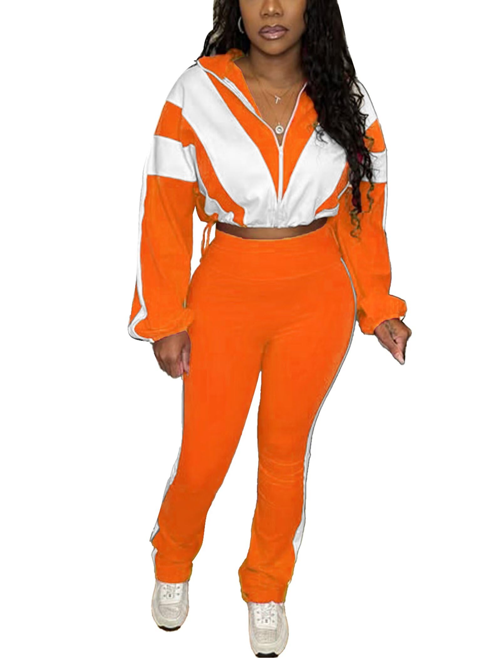 Hoefirm Women 2 Piece Sweatsuit Outfits Sets Long Sleeve Zipper Jacket Crop Tops and Long Bodycon Pants Set Workout Tracksuit