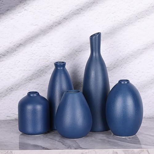 Miniatura 4 de Jarrón de cerámica azul Juego de 5 jarrones azules con diseño moderno de granja azul marino decorativo para el hogar, oficina, sala de estar,