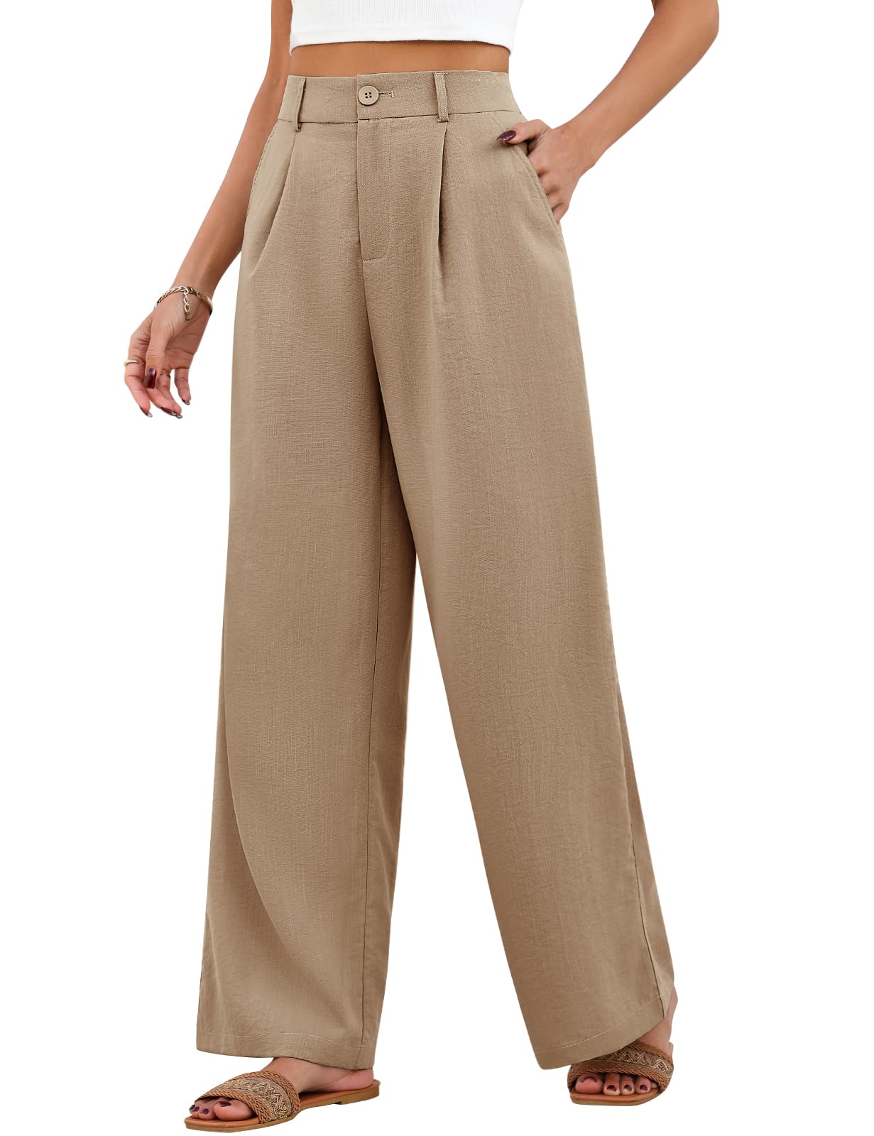 HEEKPEK Pantaloni Donna Estivi Larghi Pantaloni Leggeri Elastico Vita Alta Lunghi Gamba Larga Eleganti Pantalone Bottoni Solido Sciolto Freschi Comodi con Tasche