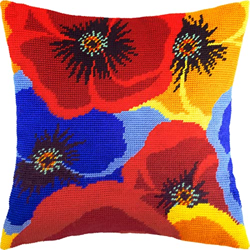 Colours Of Poppies. Embroidery Kit. Throw Pillow 16×16 Inches. Printed Tapestry Canvas, European Quality #TOP29