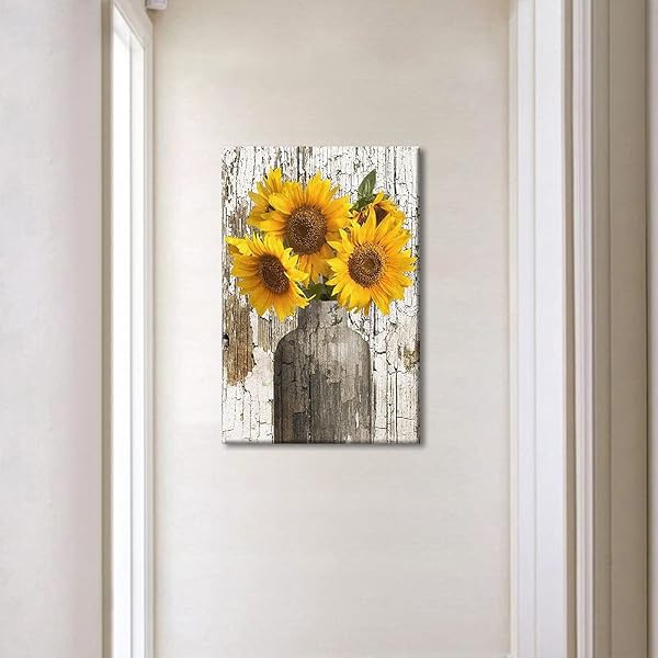 TISHIRON Rustic Yellow Sunflower in Vase Farmhouse Cottage Countryside 18"x12" Canvas Wall Art Prints Framed Picture Photo Painting Home Decor Ready to Hang - 1