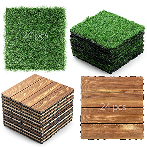 48 Pcs Hardwood Interlocking Patio Deck Tile and Artificial