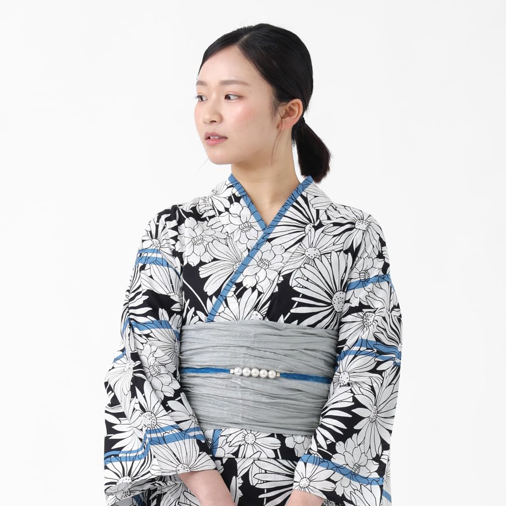 ☆美品☆ レディース浴衣 帯 白地 黒模様 金刺繡　2点セット 浴衣セット 浴衣と半幅帯の2点セット 「浴衣 紺地 黄の花＋半幅