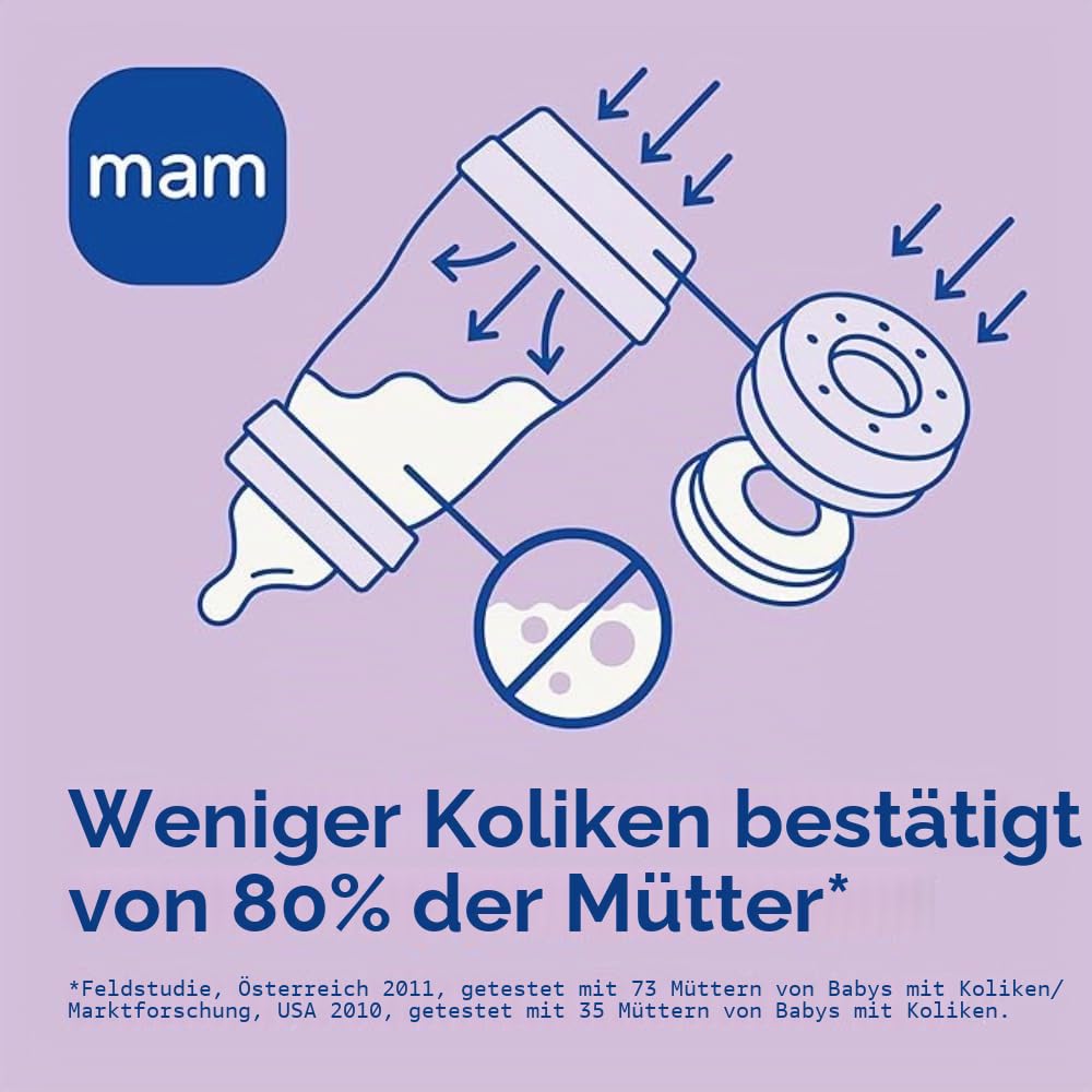 MAM Easy Start Babyflasche 320 ml (2er-Set), Set mit 2 Anti-Kolik-Flaschen zum Stillen, reduziert Luftblasen und das Risiko von Koliken, Babyzubehör ab 4 Monaten mit Sauger Größe 3, Lila
