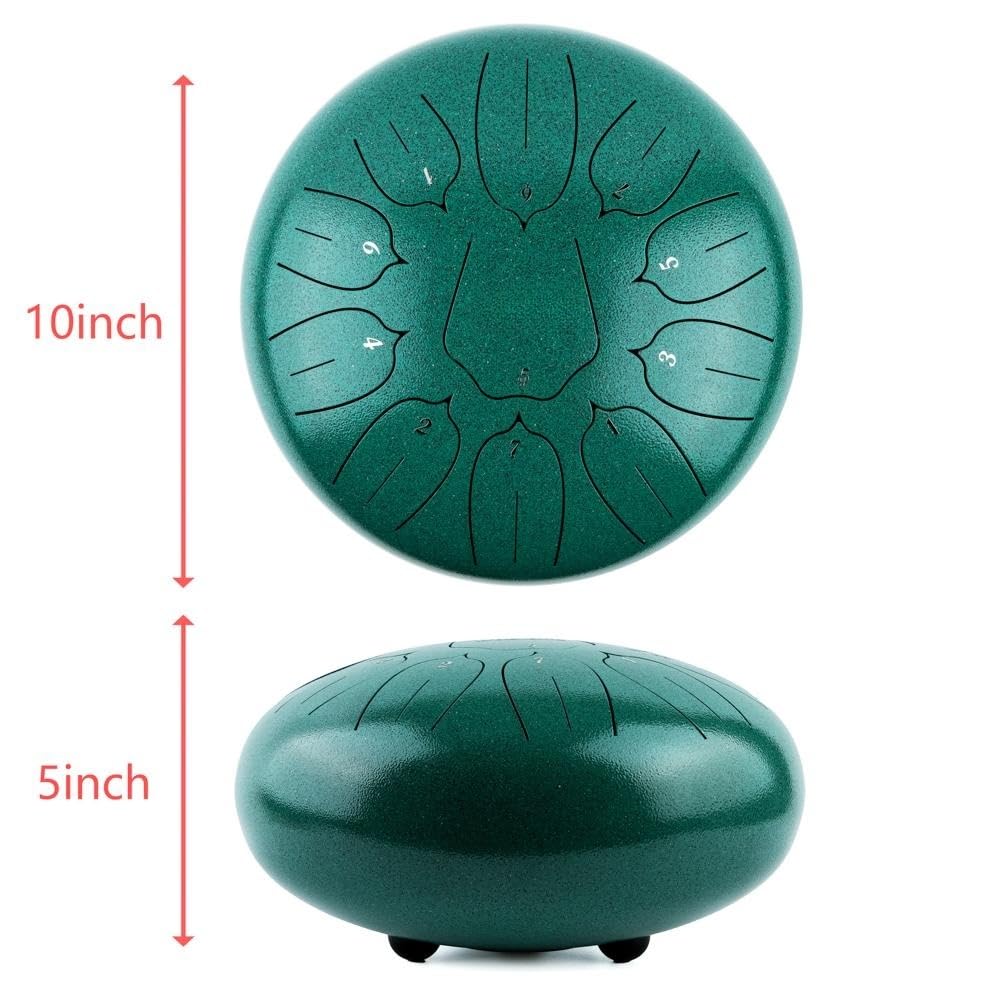 Javik - Tamburo per lingua in acciaio, 25,4 cm, 11 note, chiave a D, strumento a percussione, tamburo da meditazione con custodia, 2 bacchette, plettri per dita per adulti e bambini (verde)