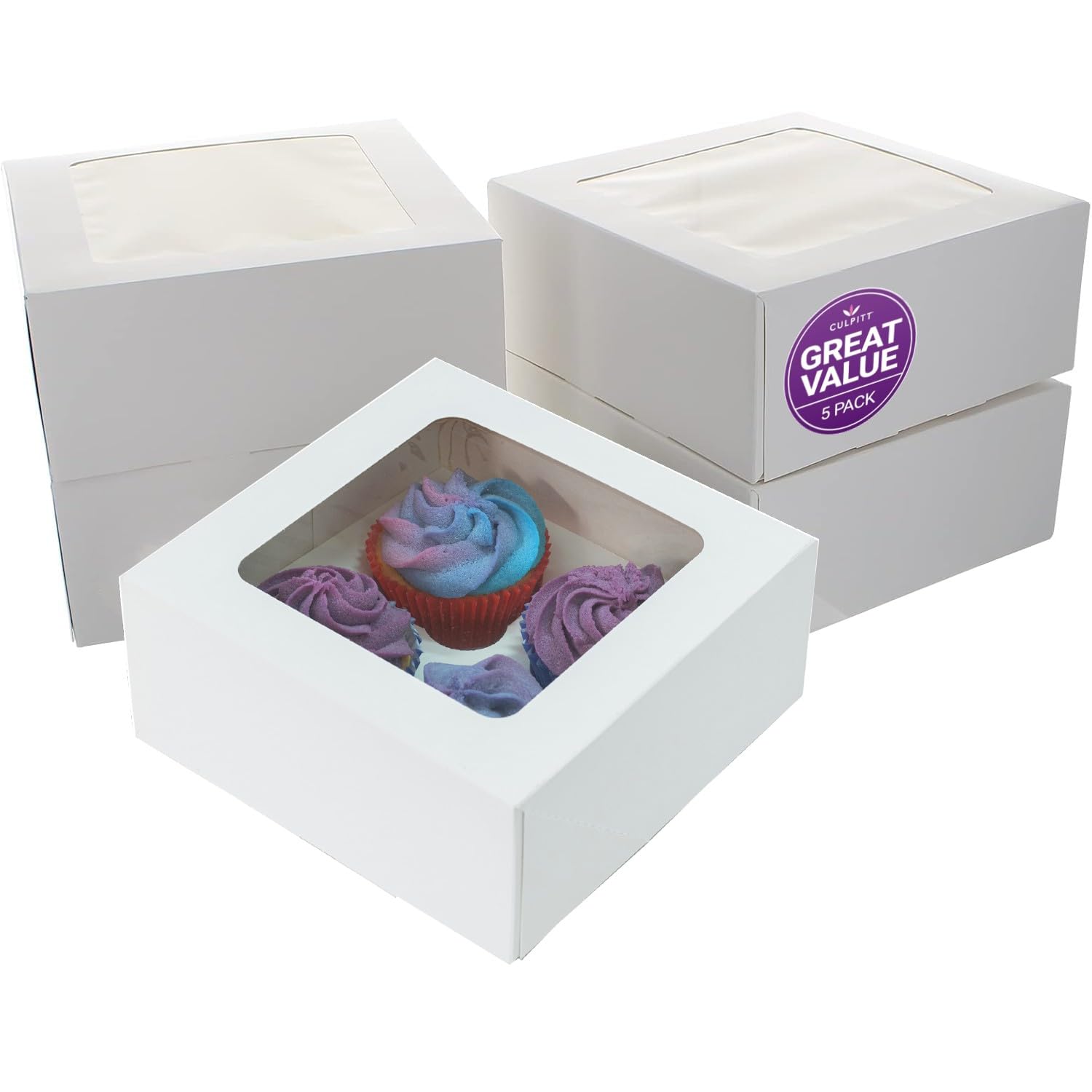 Culpitt White 4 Hole Cupcake Box, 5 Pack, Cupcake Boxes For Carrying And Displaying Tasty Muffins, Fairy Cakes, And Treats