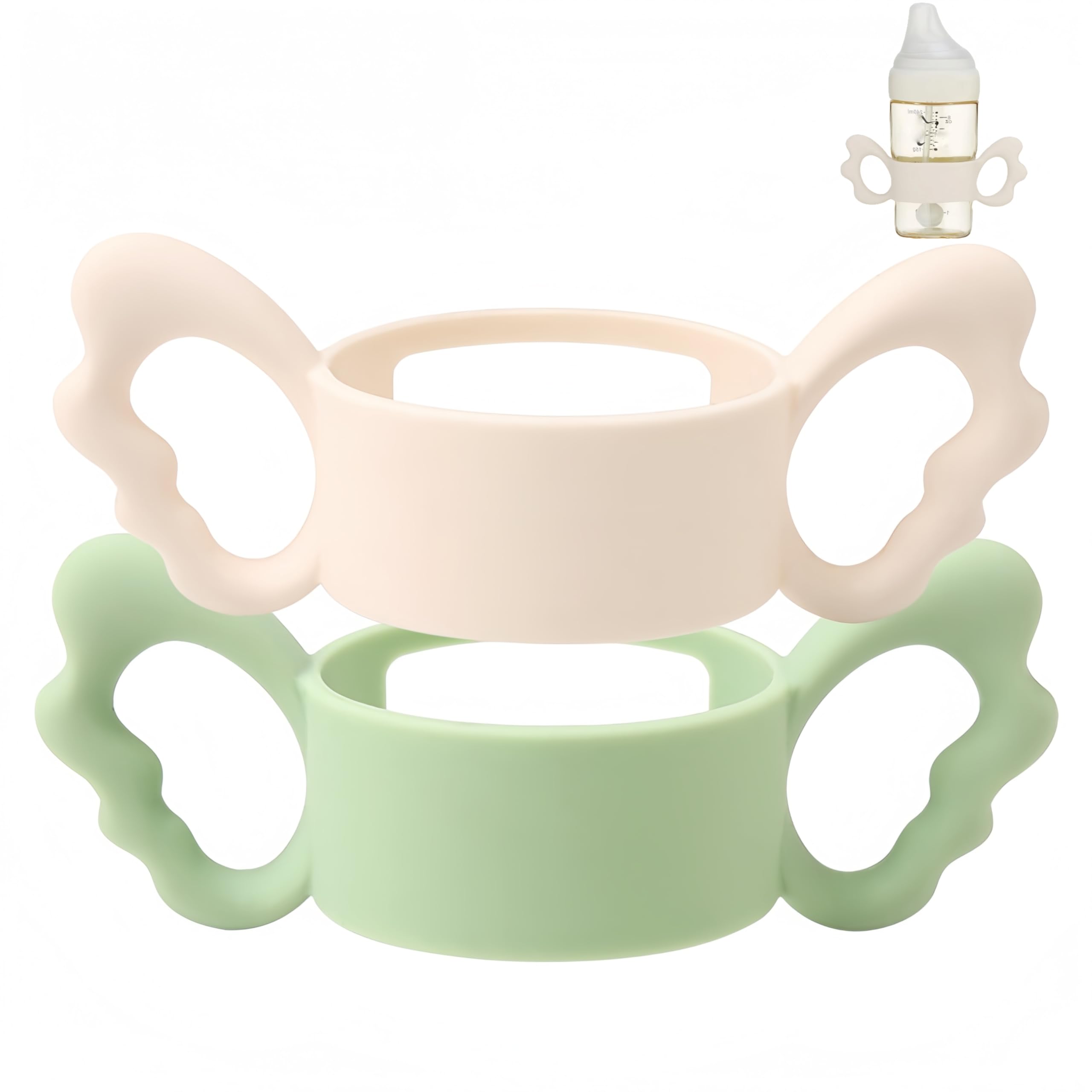 Zhenghebuy Babyflaschen Griffe Silikon 2 Stück Flaschengriff Halter,Baby Flaschengriffe Silikon,Weithals Babyflaschengriffe,Baby Silikon Flaschengriffe für Baby Kleinhand Greifdesign Grün+Weiß
